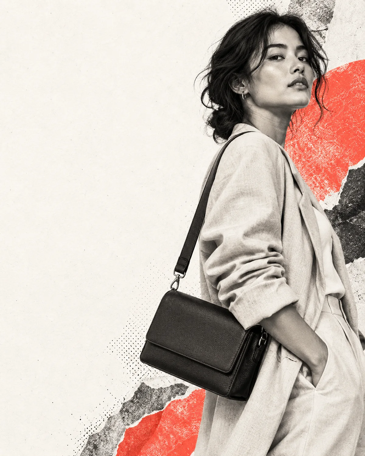 Editorial fashion styling with a black crossbody bag